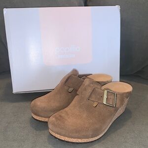 Papillio by Birkenstock Women's Fanny Suede Buckle Strap Hardware Wedge Clogs